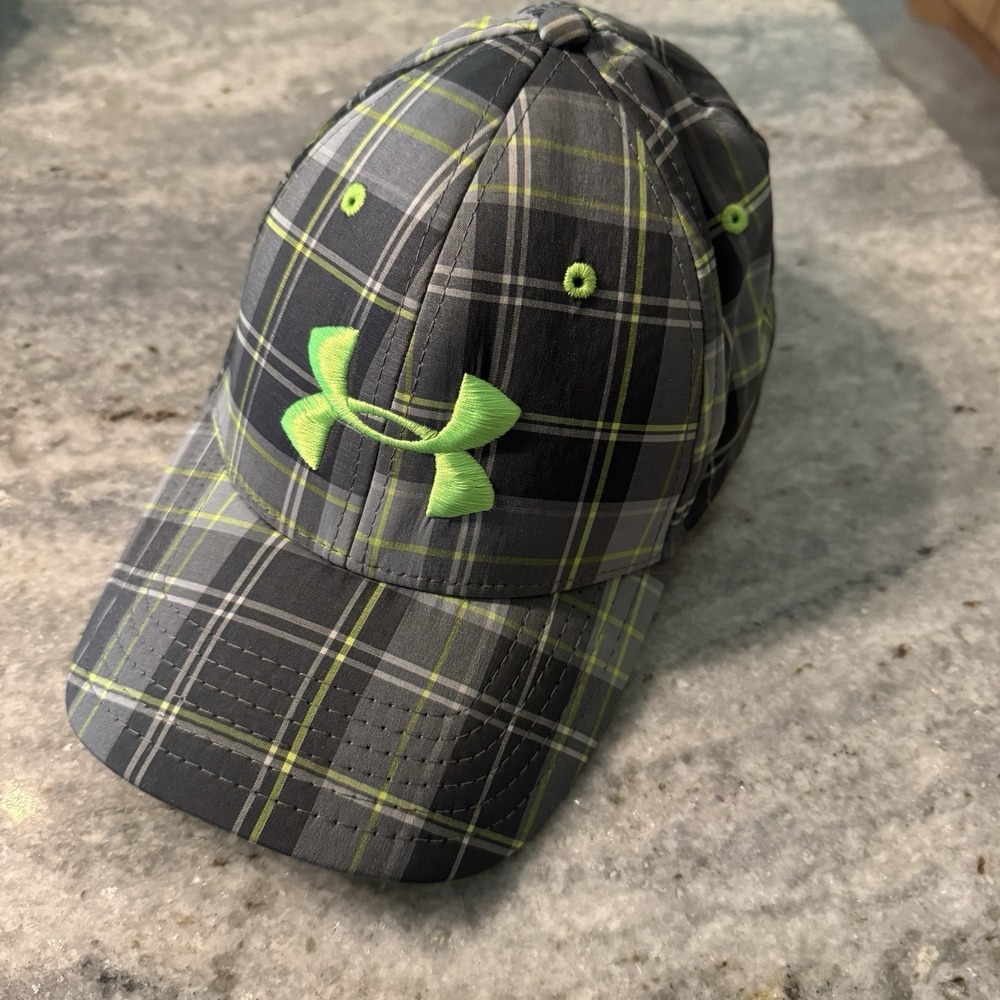 UA Under Armour Logo Adult L XL Baseball Cap Hat Grey Neon Green Plaid Y2K 2013